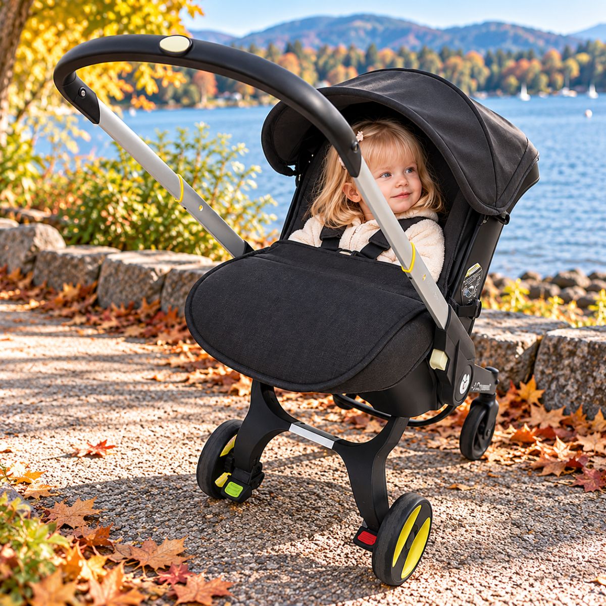 Couvre jambe pour poussette noir avec bébé installé lors d’une promenade au bord du lac