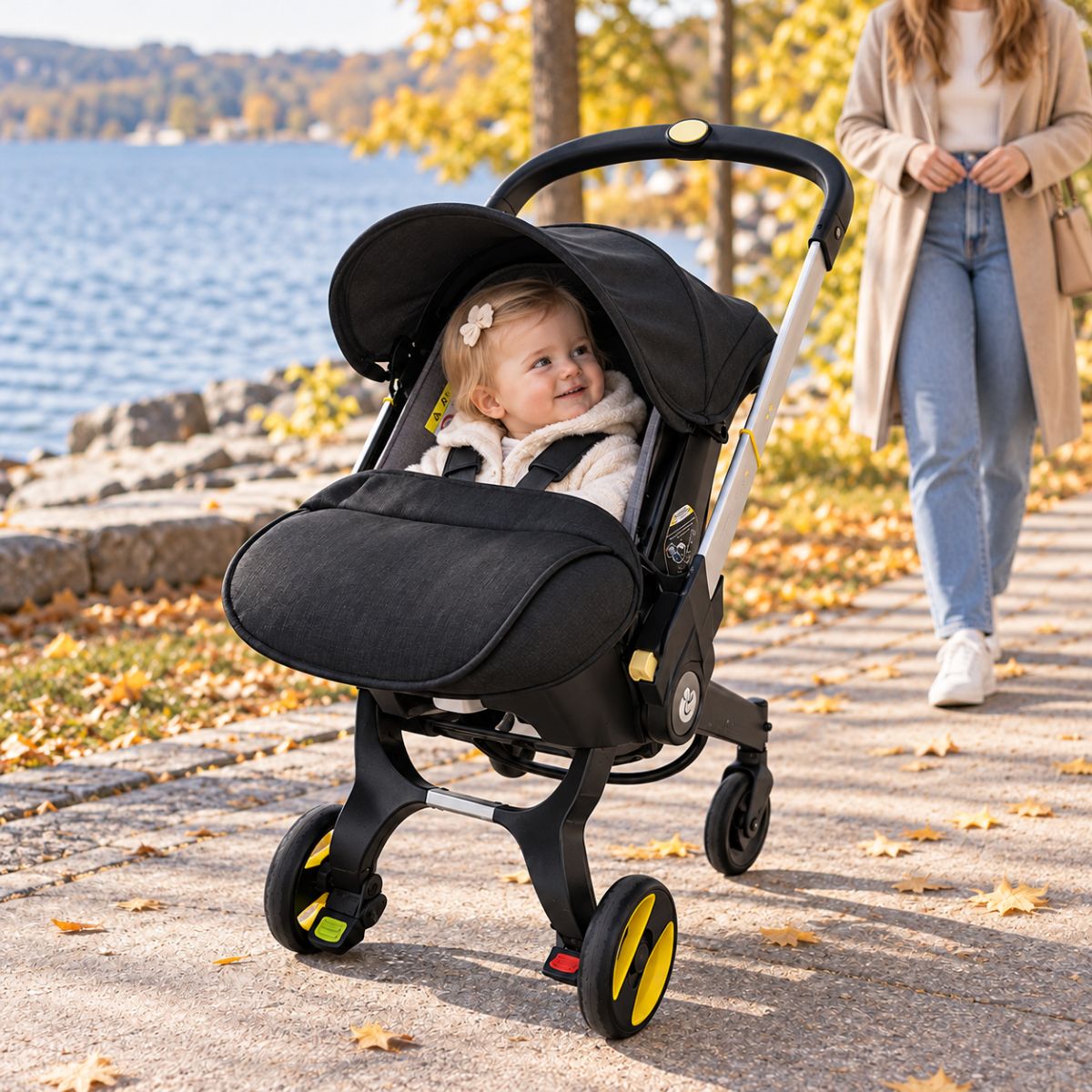 Couvre jambe poussette noir avec bébé installé et maman marchant derrière la poussette au bord du lac