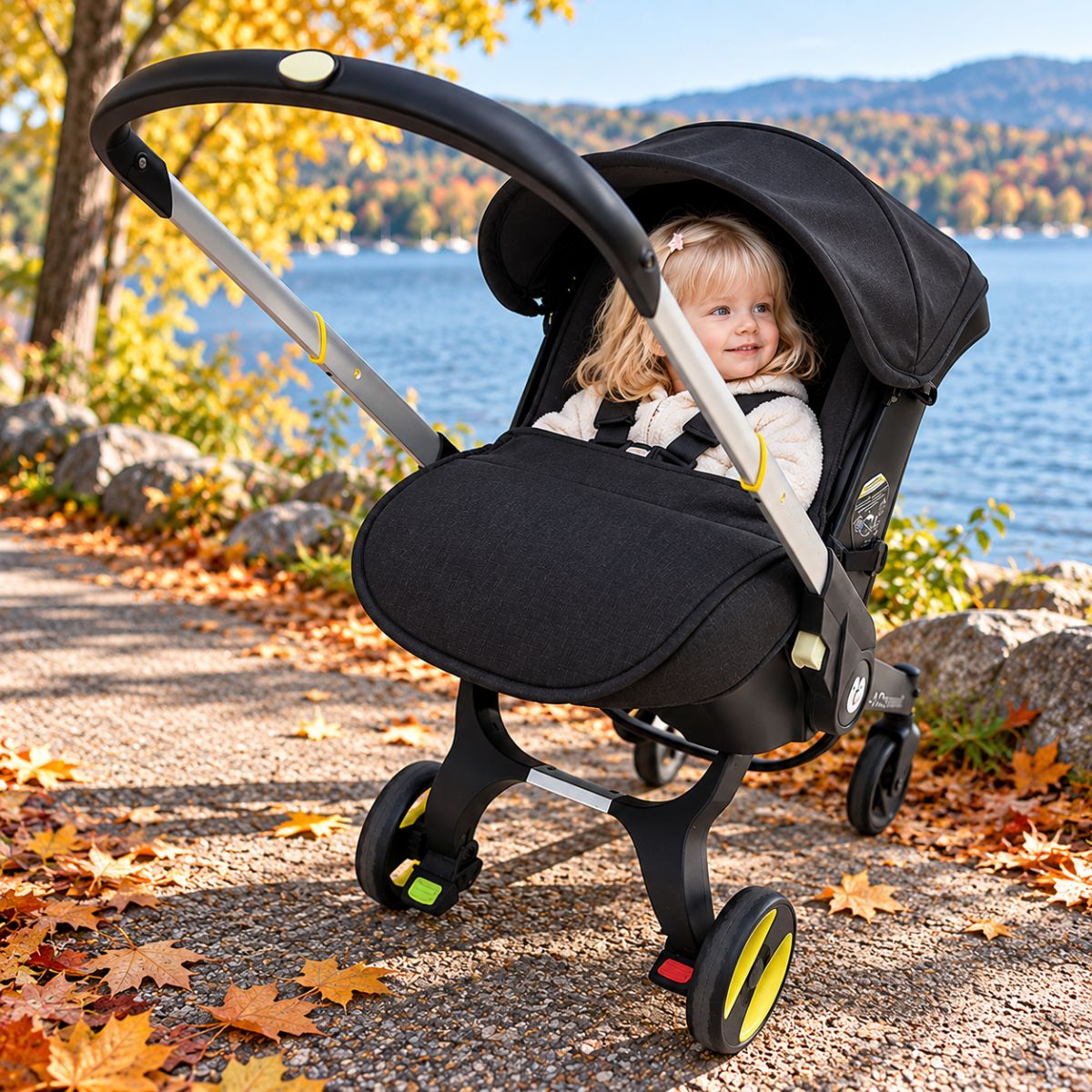 Couvre jambes poussette noir avec bébé installé pendant une promenade automnale près du lac