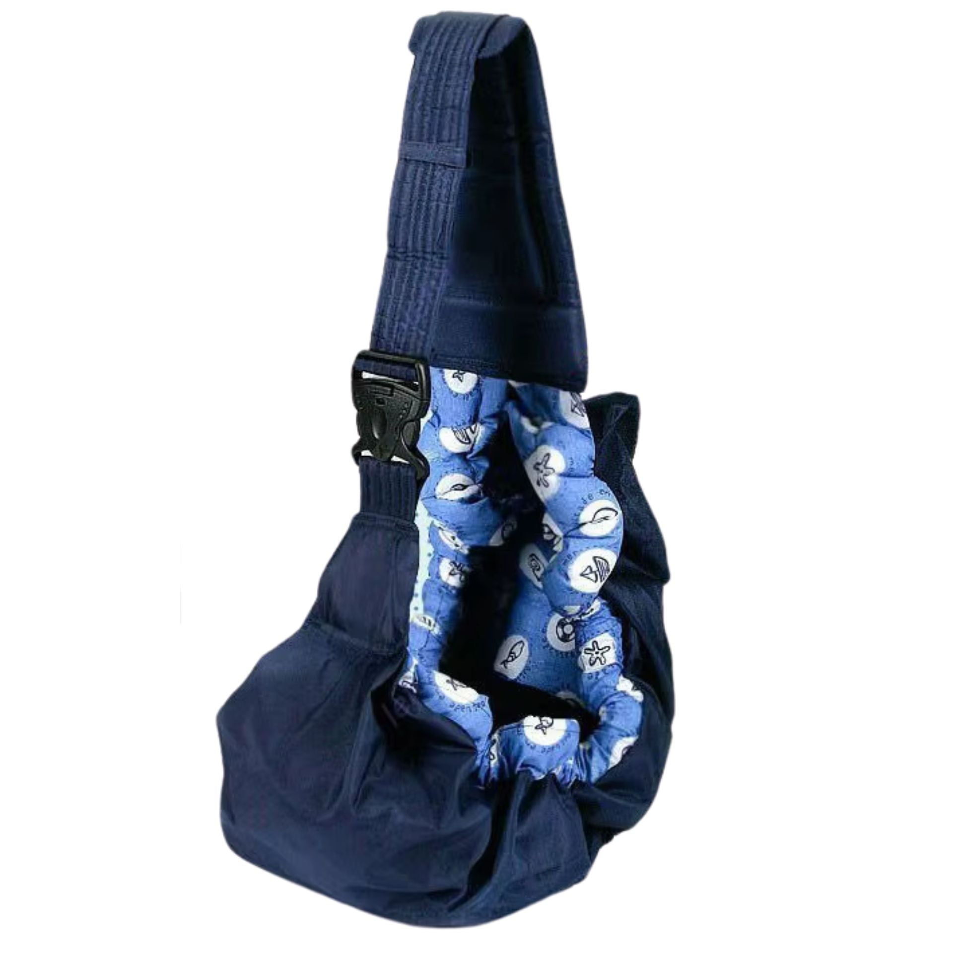 Echarpe de portage bleue avec assise ergonomique et bretelles souples, idéale pour un portage quotidien apaisant avec bebe