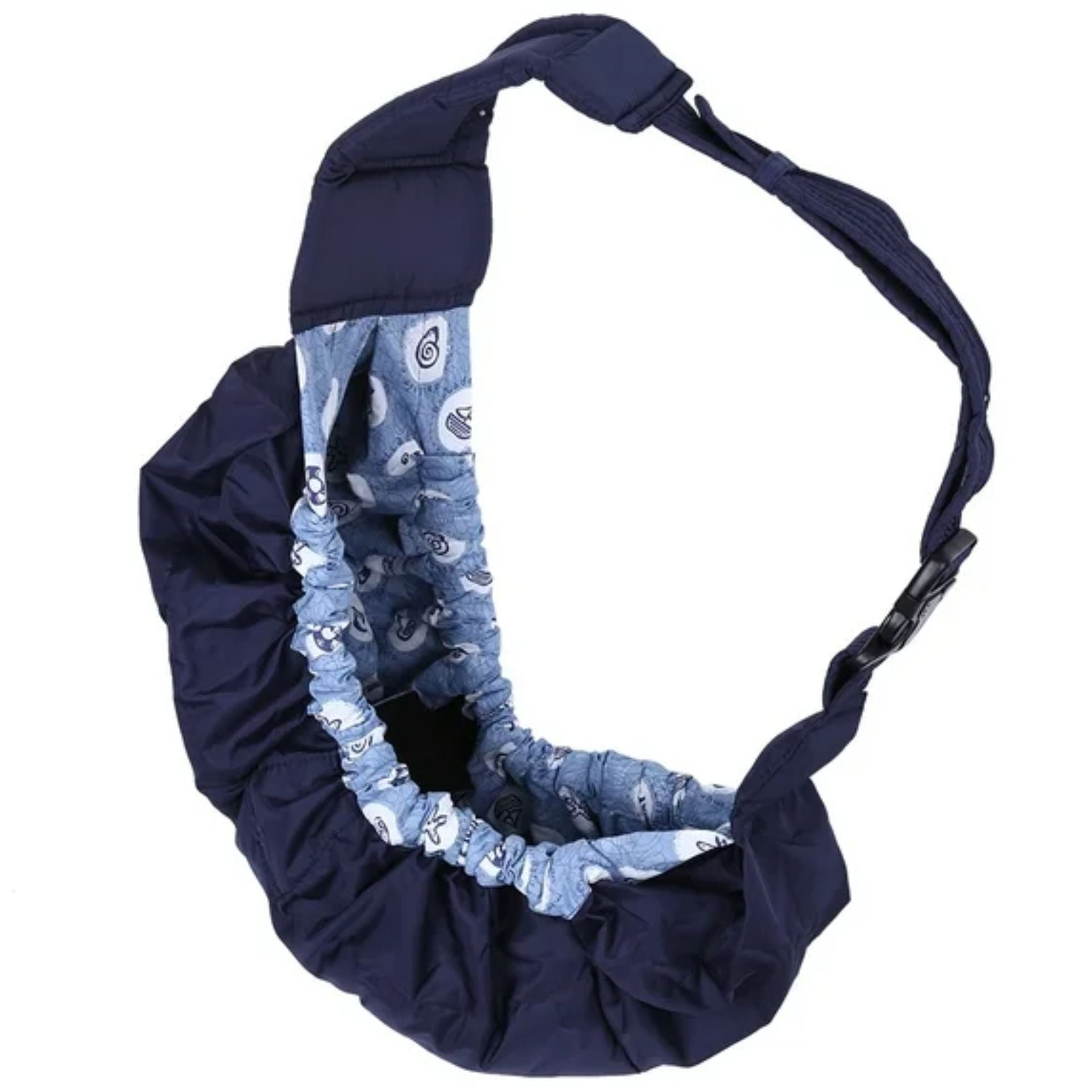 Echarpe de portage ergonomique bleue avec assise large et bretelles ajustables, ideale pour les sorties quotidiennes avec nouveau-ne