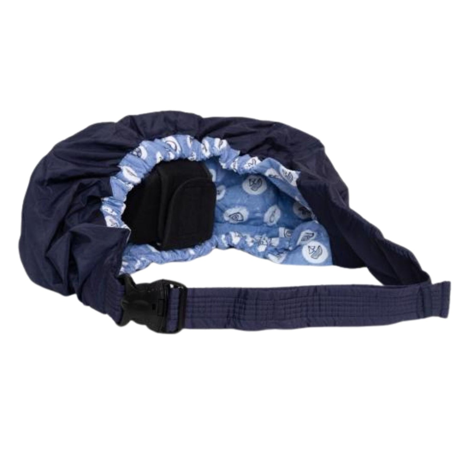 Echarpe de portage bleue avec design enveloppant et ceinture ajustable, offrant stabilite et confort durant le portage du nouveau-ne