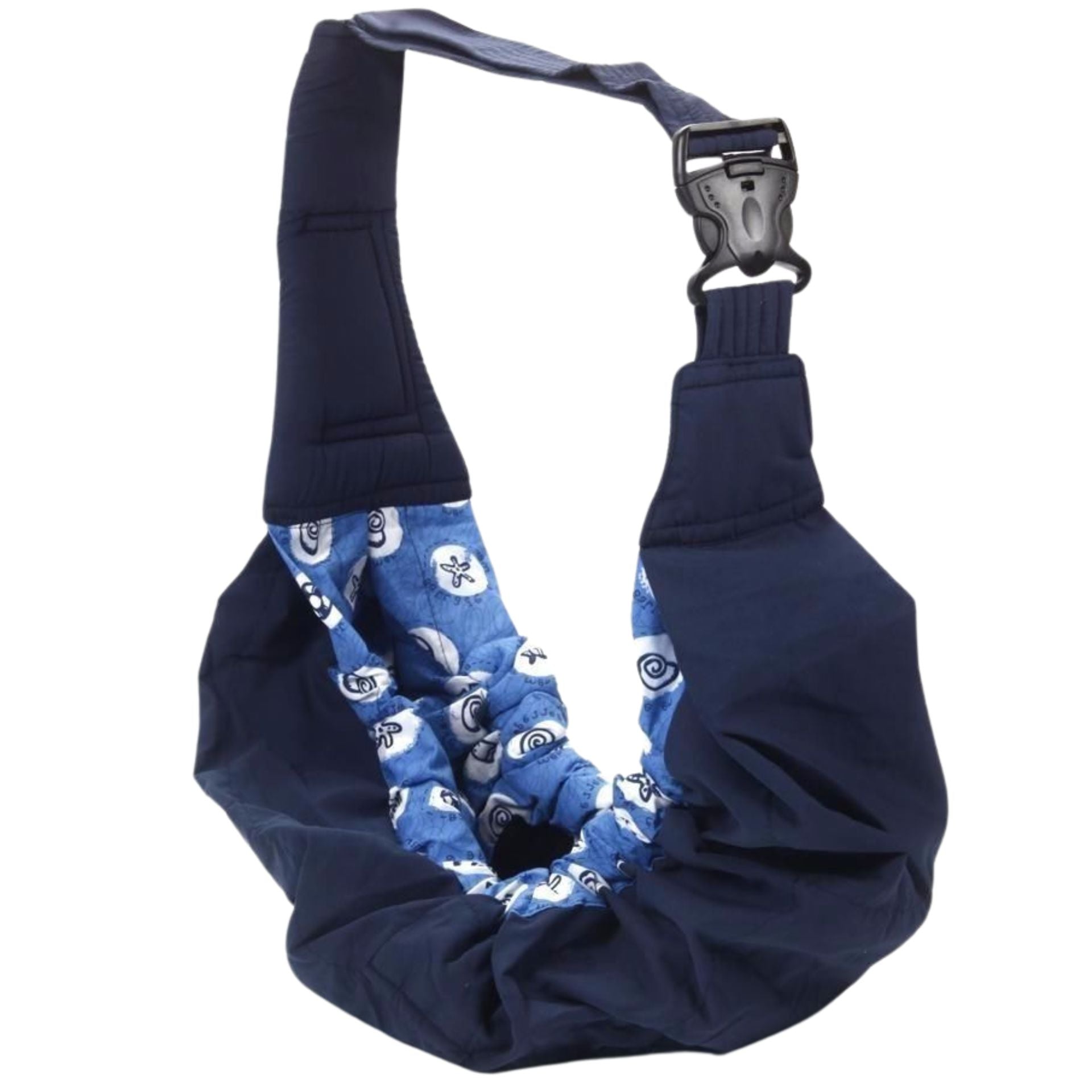 Echarpe de portage bleue avec maintien renforce et tissu doux, concue pour un portage confortable des la naissance