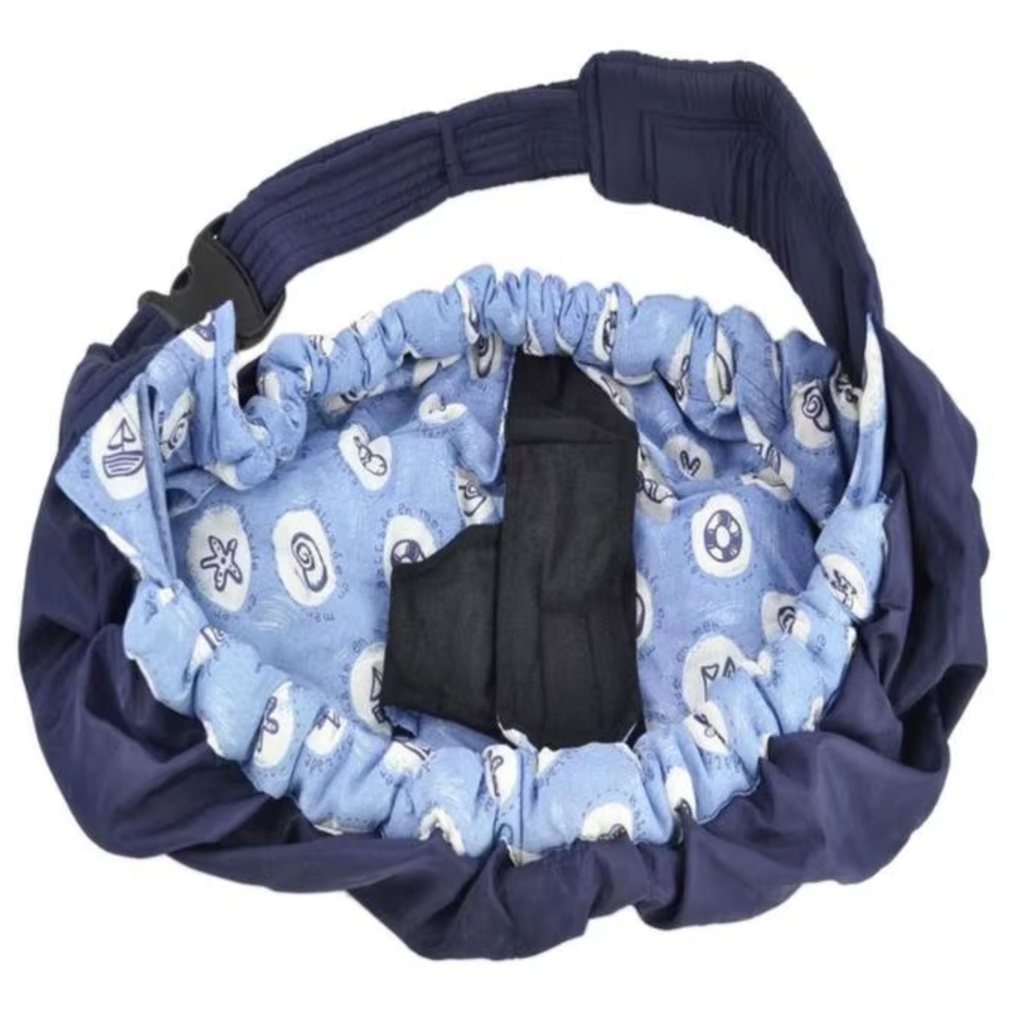 Echarpe de portage bleu avec sangles rembourrees et appui-tete integre pour un maintien securise et confortable du nouveau-ne