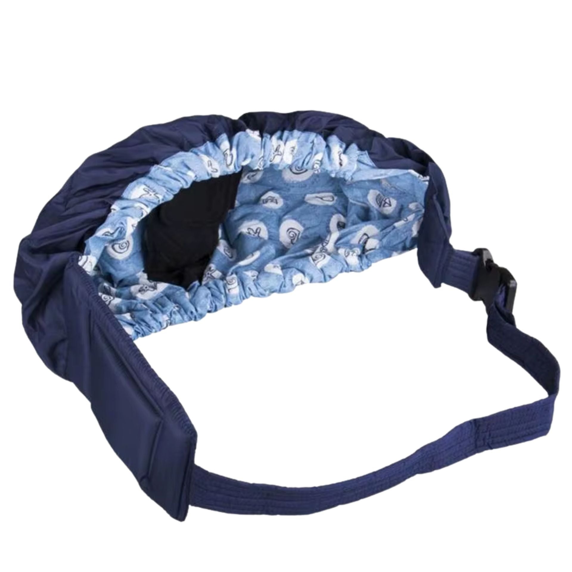 Echarpe de portage bleue avec soutien renforce et design ergonomique, pour un confort optimal au quotidien avec nouveau-ne