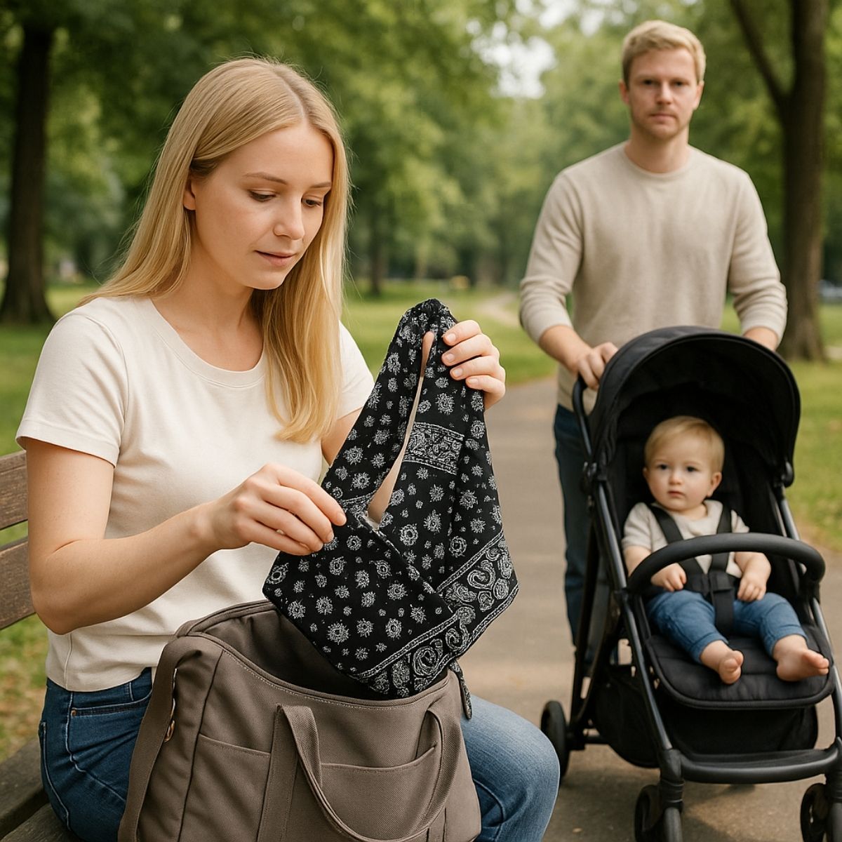 echarpe de portage fleurs ethniques pliée que la maman sort d’un sac à langer