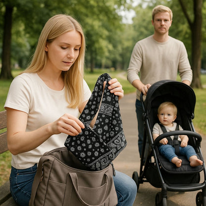 echarpe de portage fleurs ethniques pliée que la maman sort d’un sac à langer