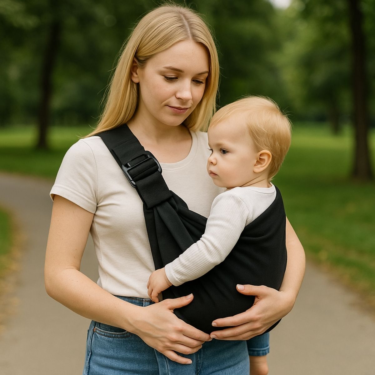 echarpe de portage noire unie utilisée par une maman pour porter son bébé au parc
