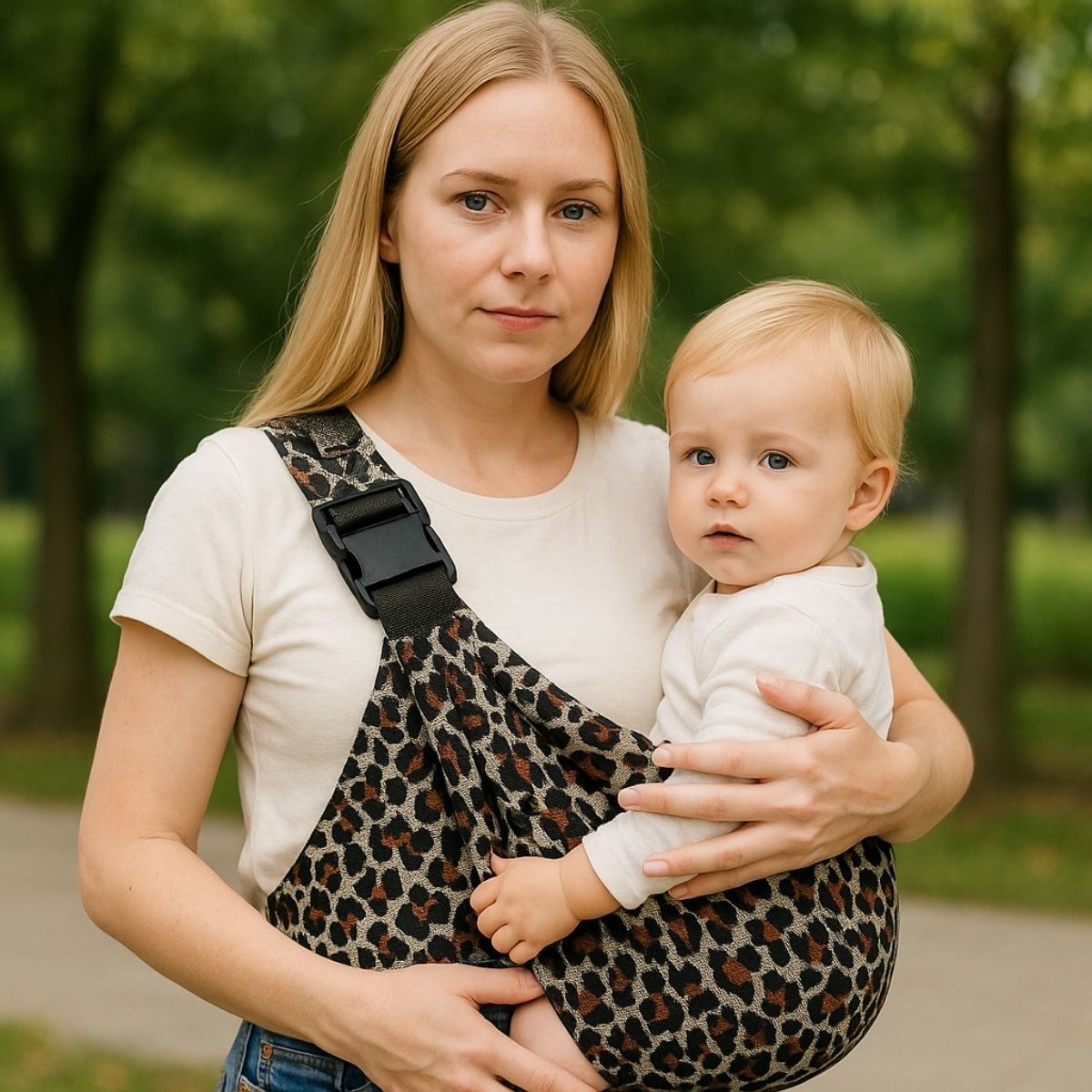 echarpe de portage terre secrete avec imprimé marron et noir portée par une maman et son bébé