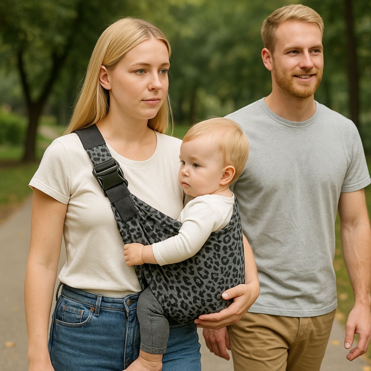 echarpe de portage olive texture portée par une maman avec son bébé en promenade