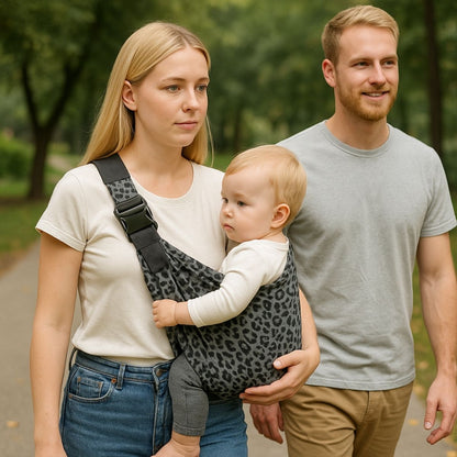 echarpe de portage olive texture portée par une maman avec son bébé en promenade