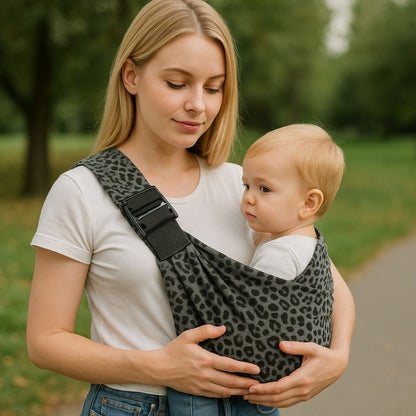 echarpe de portage olive texture utilisée par une maman pour porter son bébé en balade