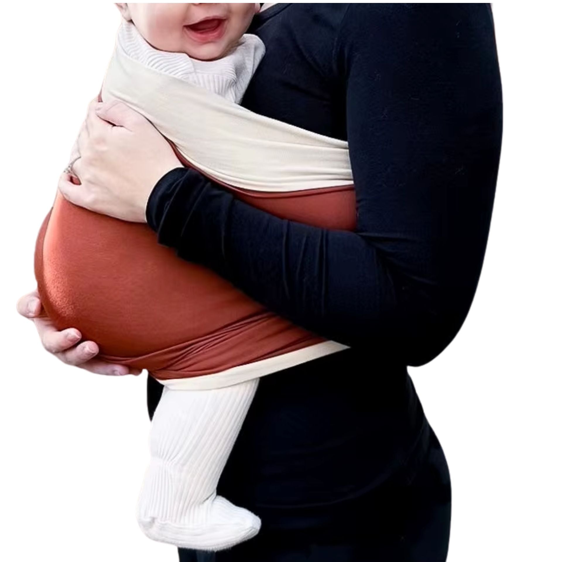 Echarpe de portage nouée à l’avant, bébé bien positionné en toute sécurité