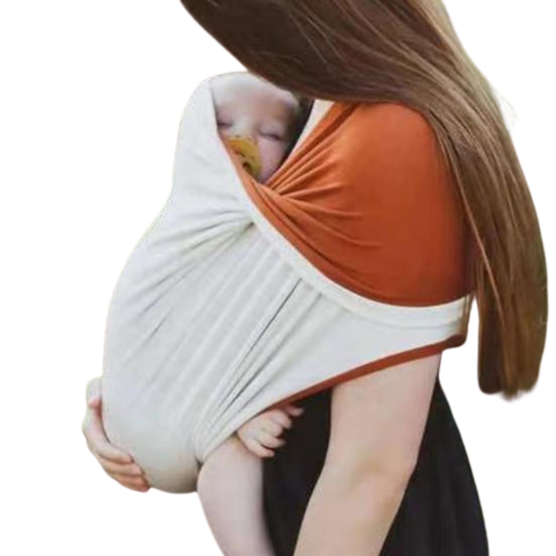 Echarpe de portage en face avec bébé installé verticalement et soutenu au niveau du dos