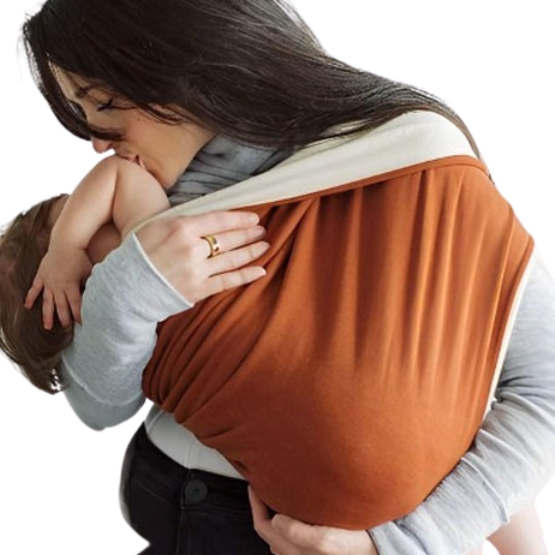 Echarpe de portage portée en frontal, bébé installé en position physiologique