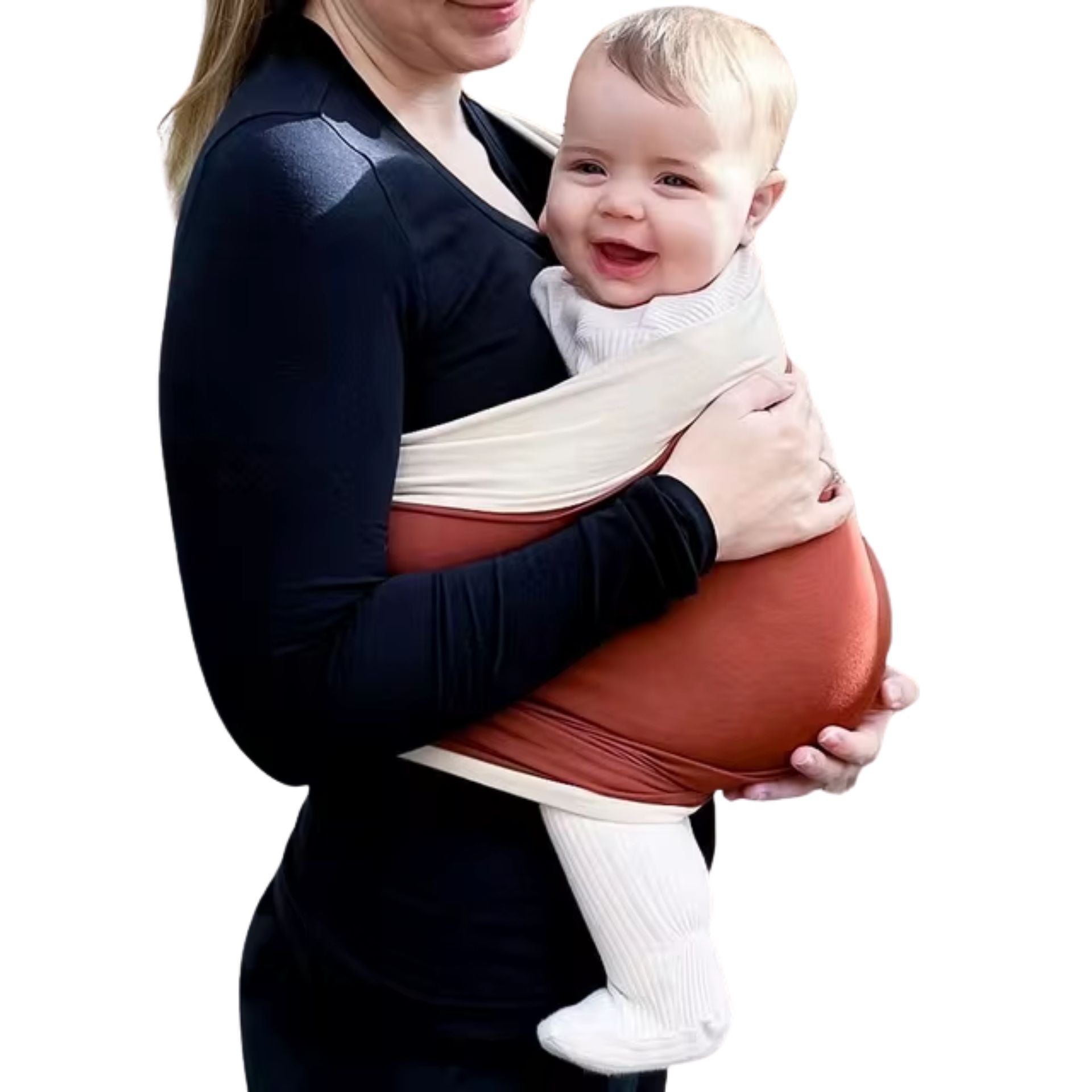 Echarpe de portage avec bébé confortablement installé, proche du cœur du parent
