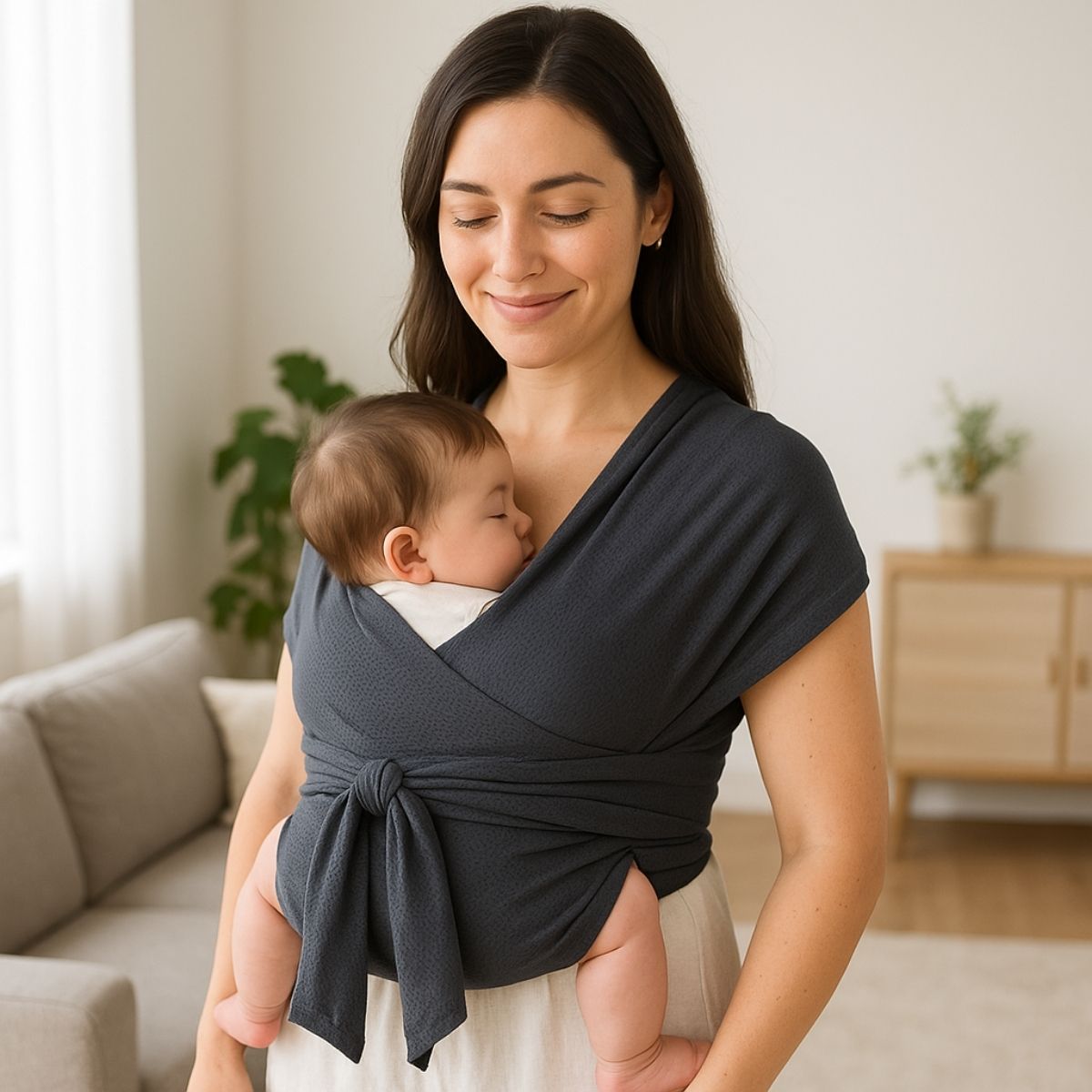 Écharpe de portage grise, bébé endormi sur maman, vue de face en intérieur