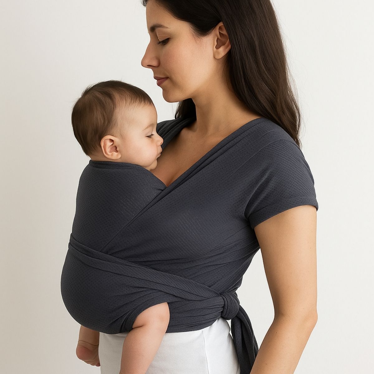 Écharpe de portage grise, bébé endormi contre maman, vue de profil