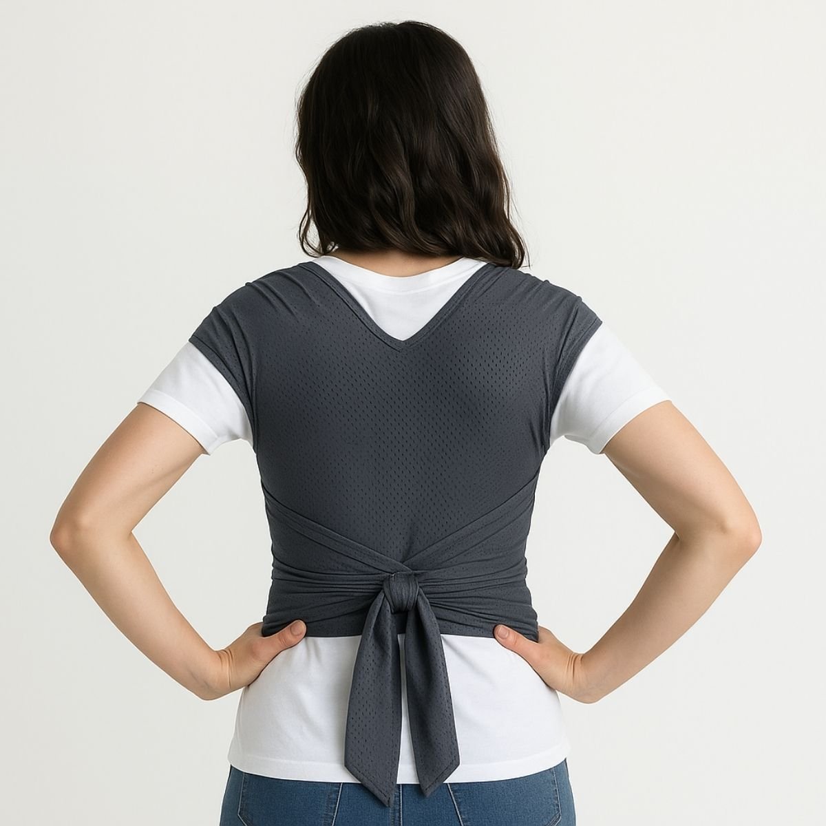 Écharpe de portage grise nouée dans le dos, vue arrière sur maman
