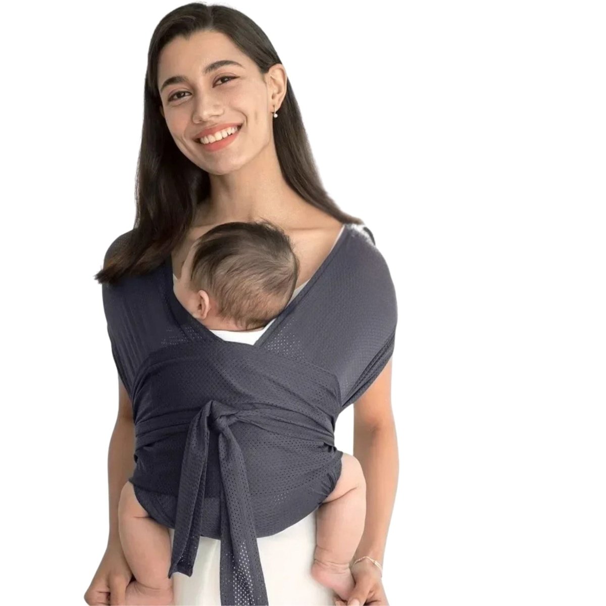 Écharpe de portage grise, bébé porté en position ventrale, vue de face