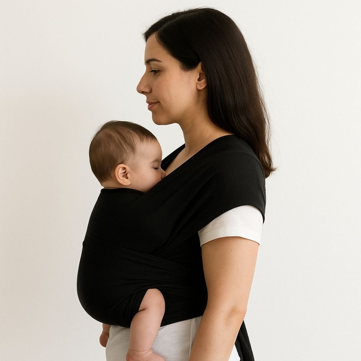 Écharpe de portage noire, bébé porté en position ventrale, vue de profil