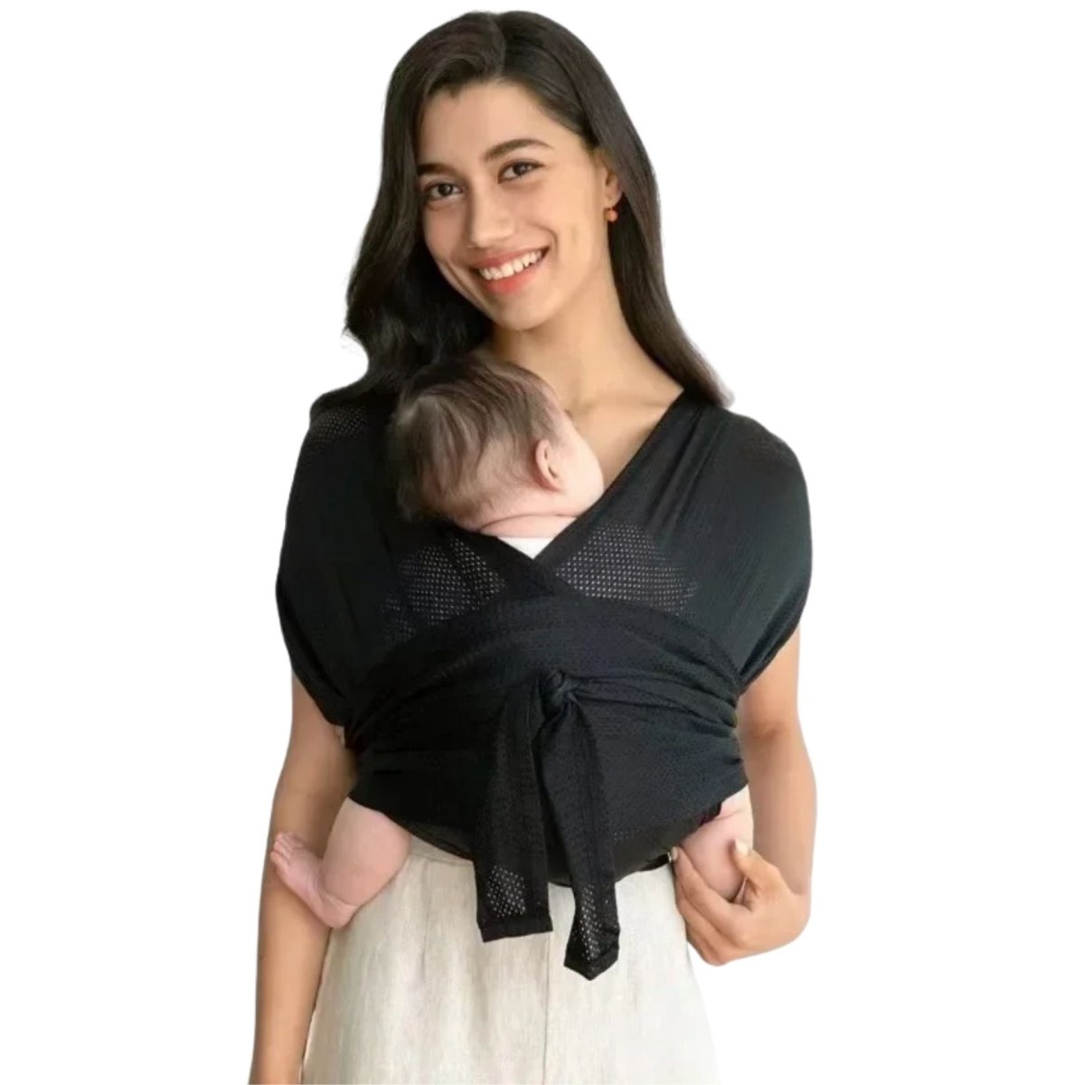 Écharpe de portage noire avec tissu respirant, maman souriante vue de face
