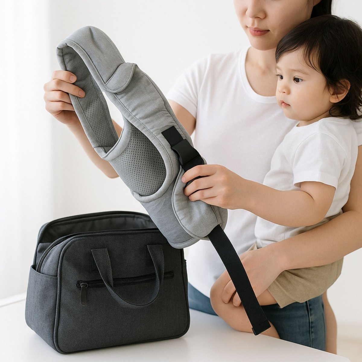 Echarpe de portage grise rangée dans un sac, version compacte et transportable