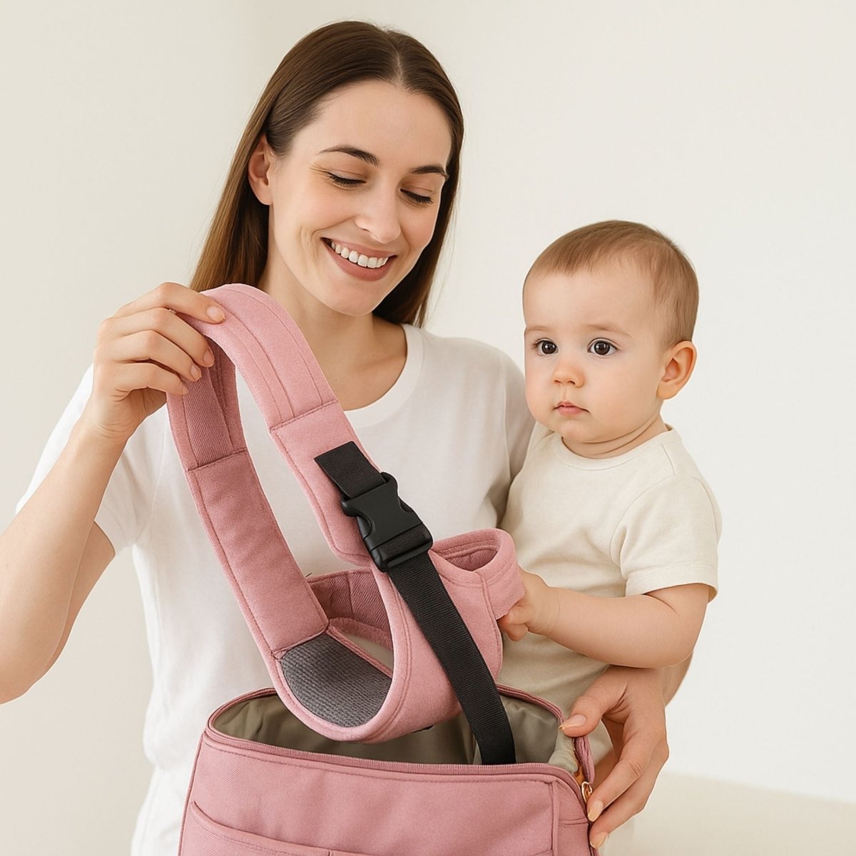 Maman tenant echarpe de portage rose près d’un sac, préparation pratique au quotidien