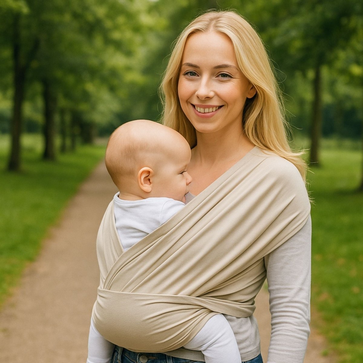 Maman souriante portant son bebe dans une echarpe de portage beige dans un parc