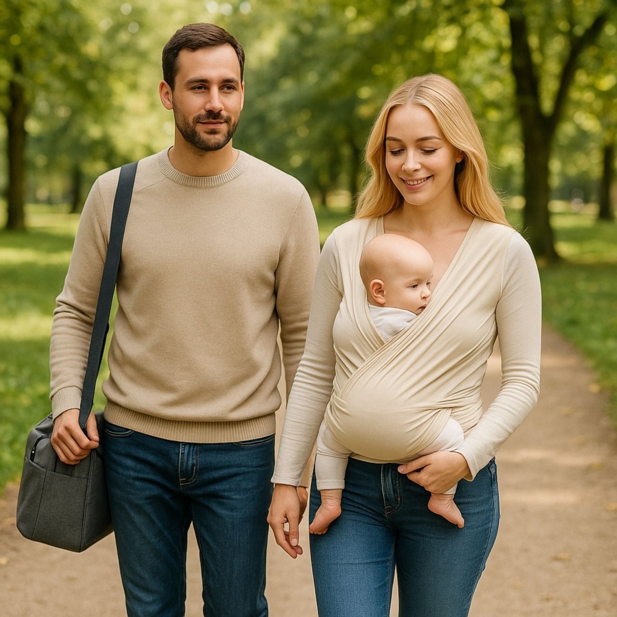 Maman et papa marchant dans un parc avec bebe porte en echarpe beige