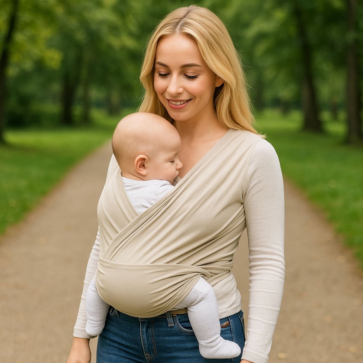 Vue laterale d'une echarpe de portage beige portee par une maman en exterieur
