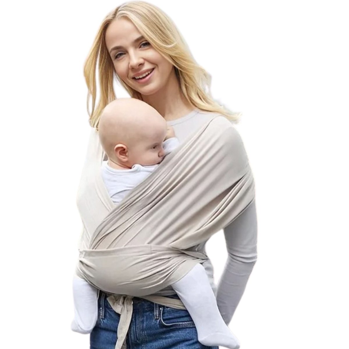 Echarpe de portage beige utilisee en position ventrale avec bebe