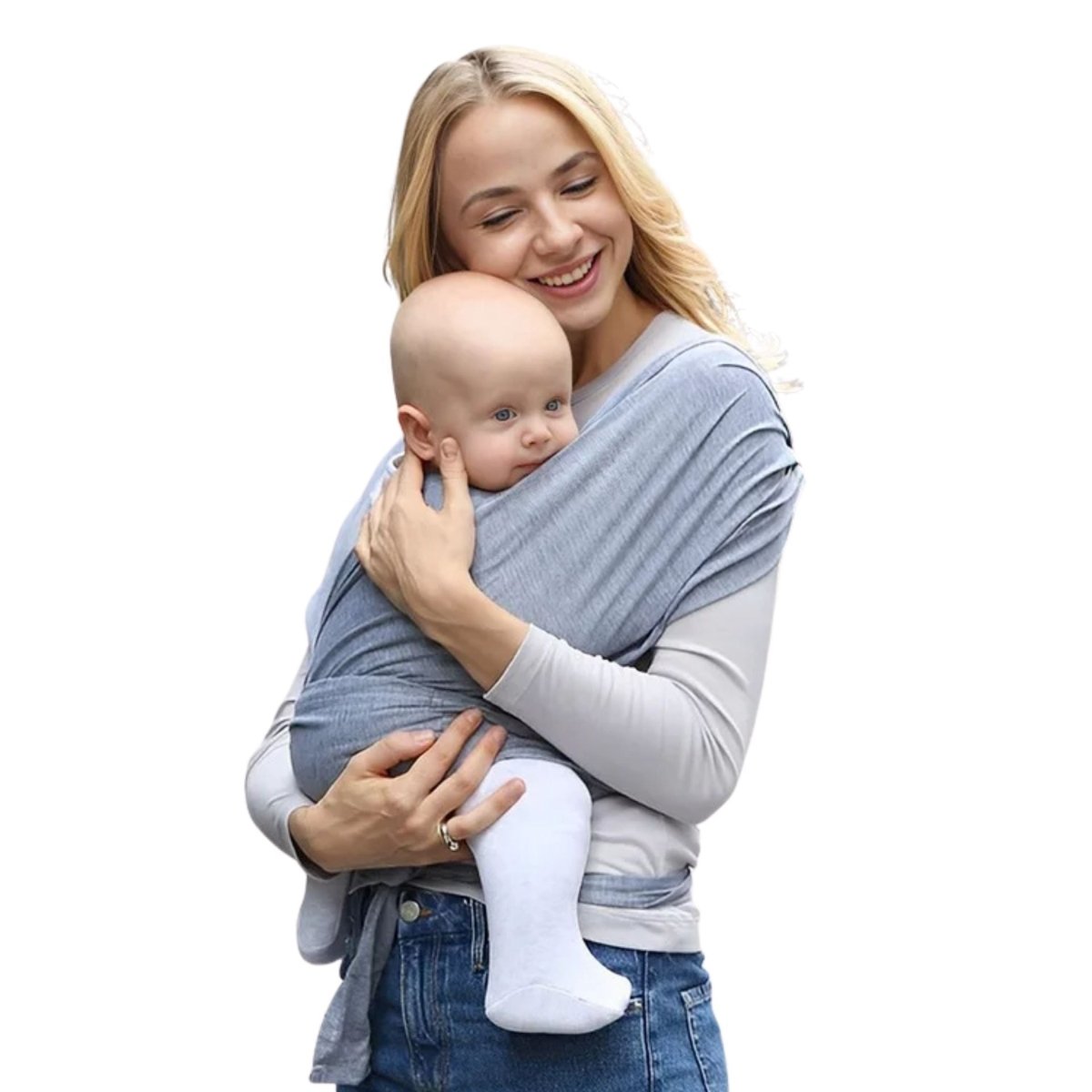 Echarpe de portage gris clair en position ventrale pour caliner bebe en securite