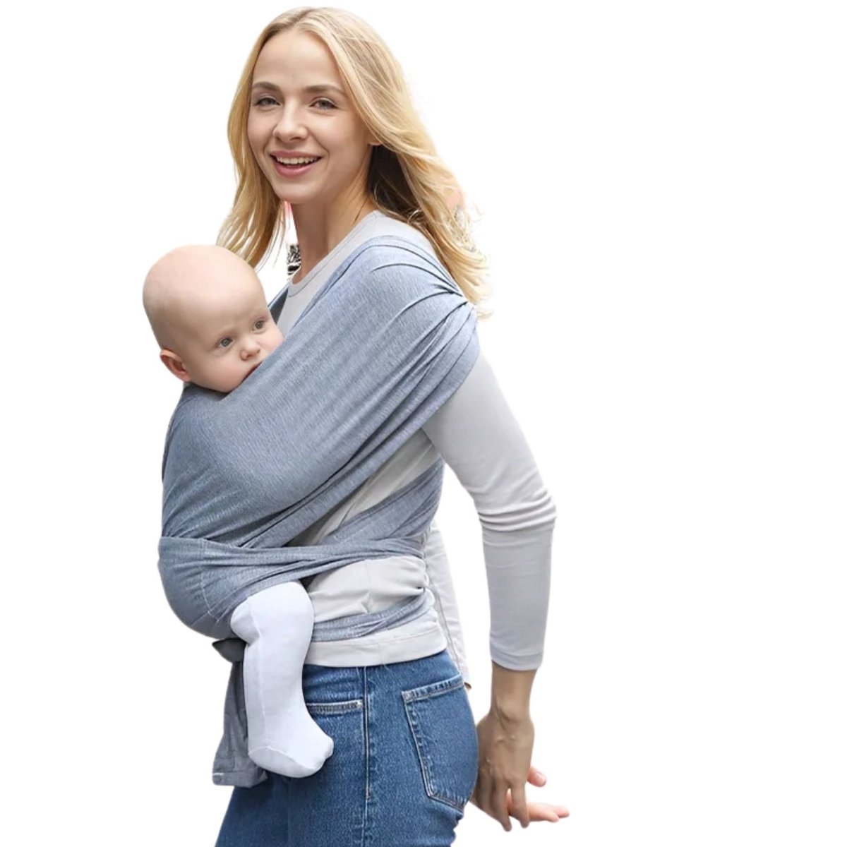 Echarpe de portage gris clair vue de profil avec reglage lateral noue