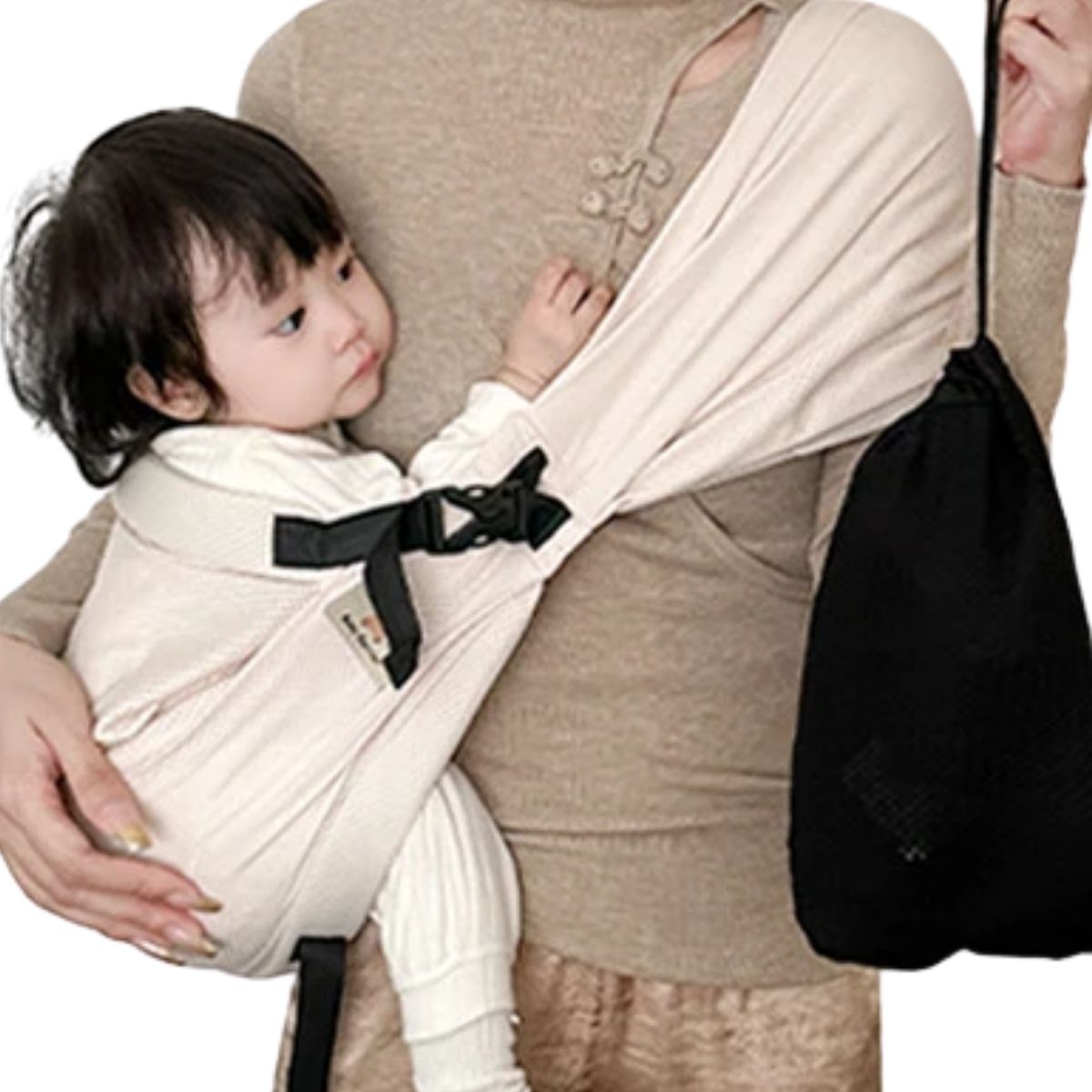 Écharpe de portage beige avec bébé assis en portage ventral confortable