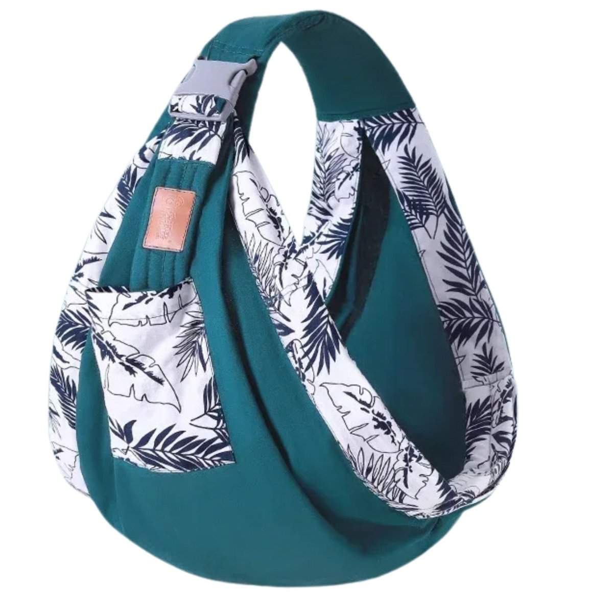 echarpe de portage vert jungle présentée seule, tissu uni avec large poche imprimée végétale noire sur fond blanc