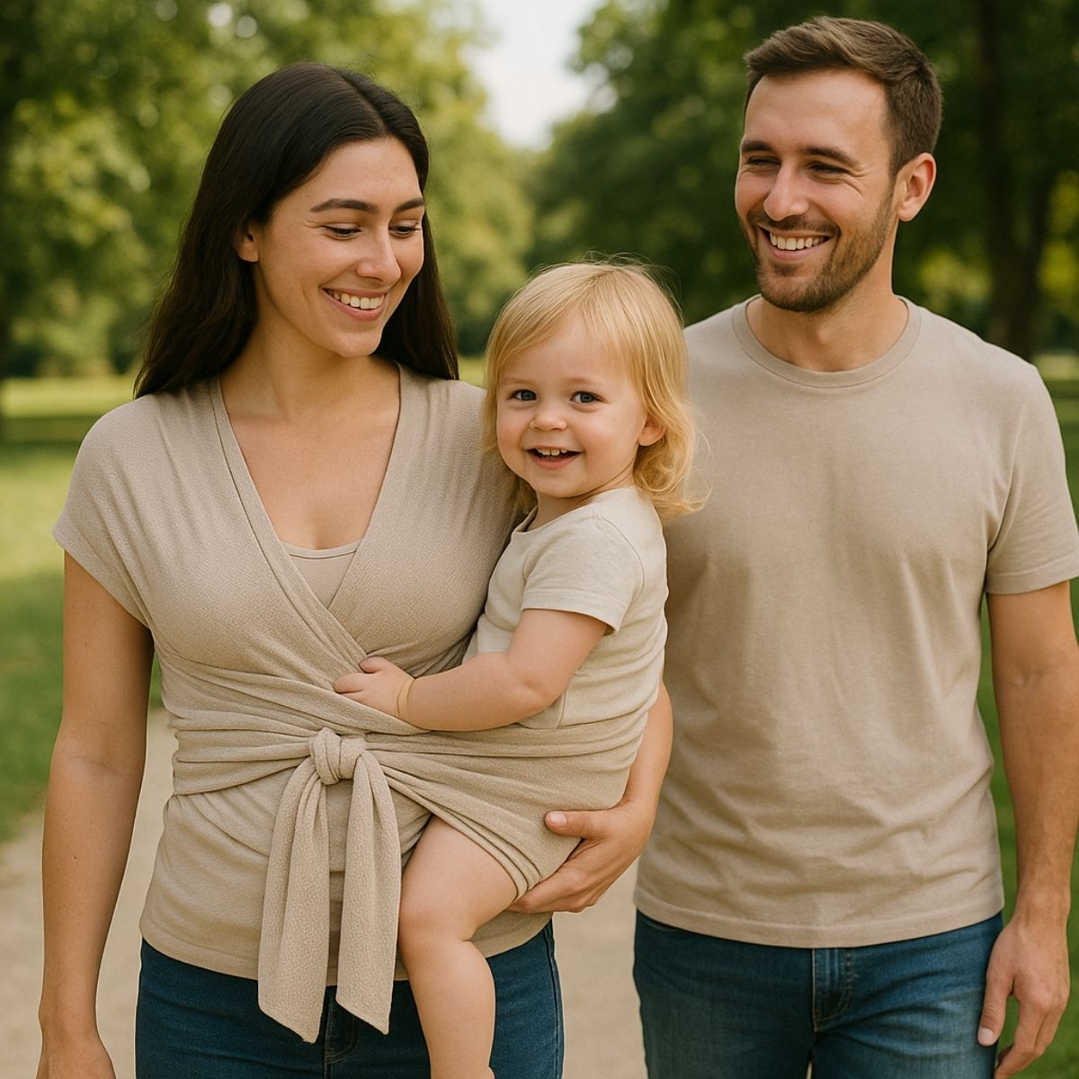 Echarpe de portage beige utilisee en exterieur par maman et papa