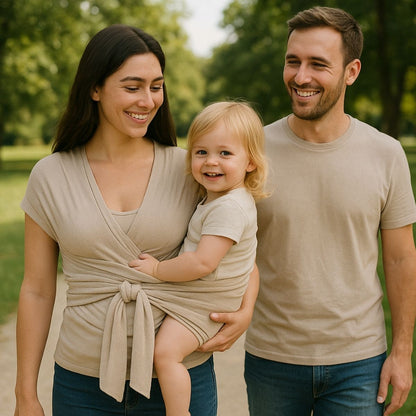 Echarpe de portage beige utilisee en exterieur par maman et papa