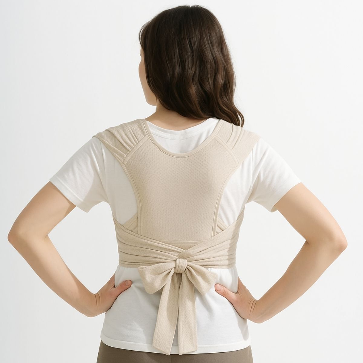 Echarpe de portage beige vue de dos avec noeud noue