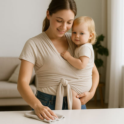 Echarpe de portage beige maman portant bebe a la maison