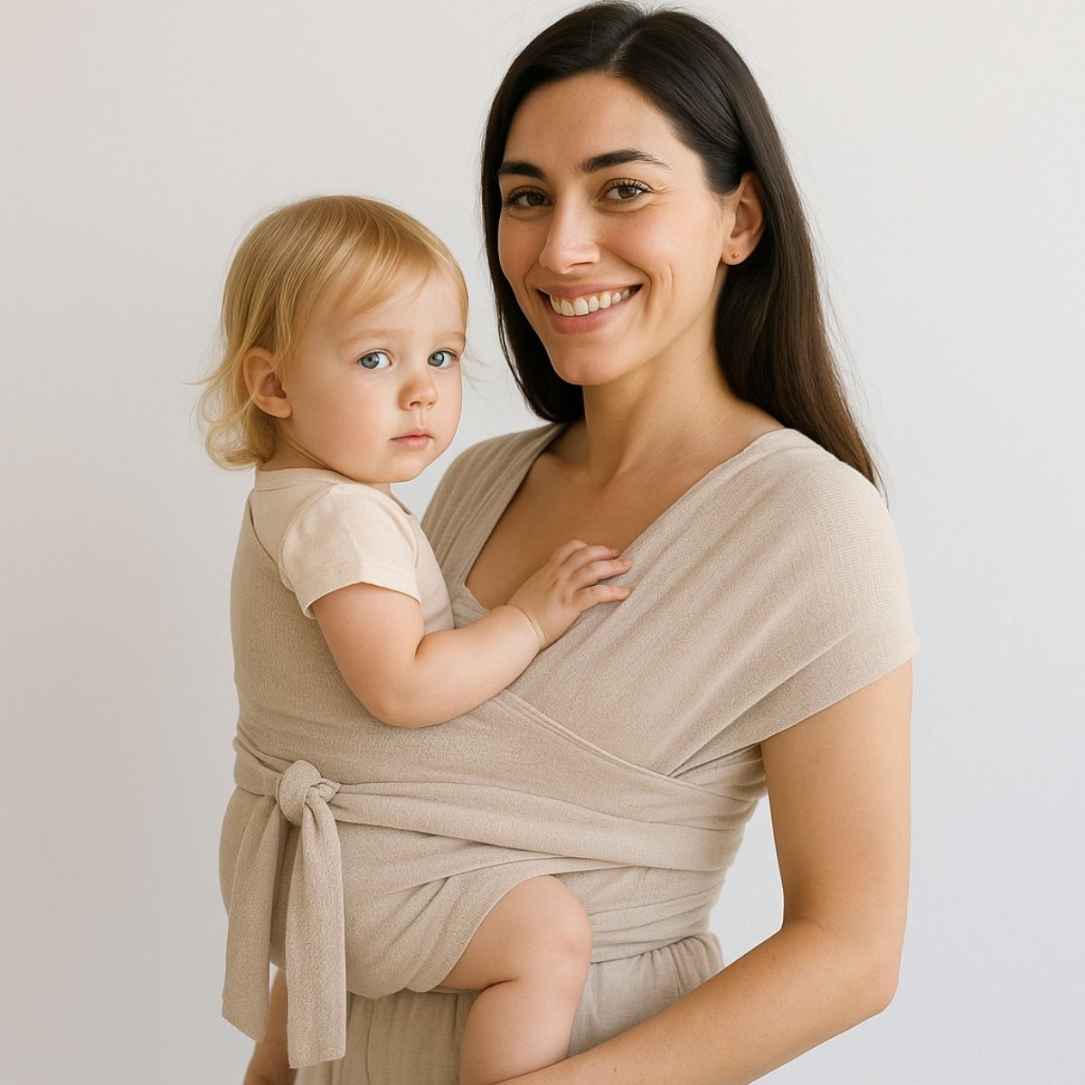 Echarpe de portage beige avec bebe porte ventralement