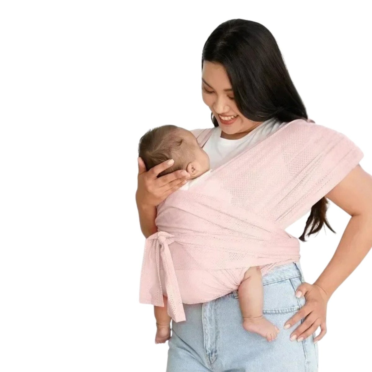 Echarpe de portage rose en position ventrale croisee avec bebe