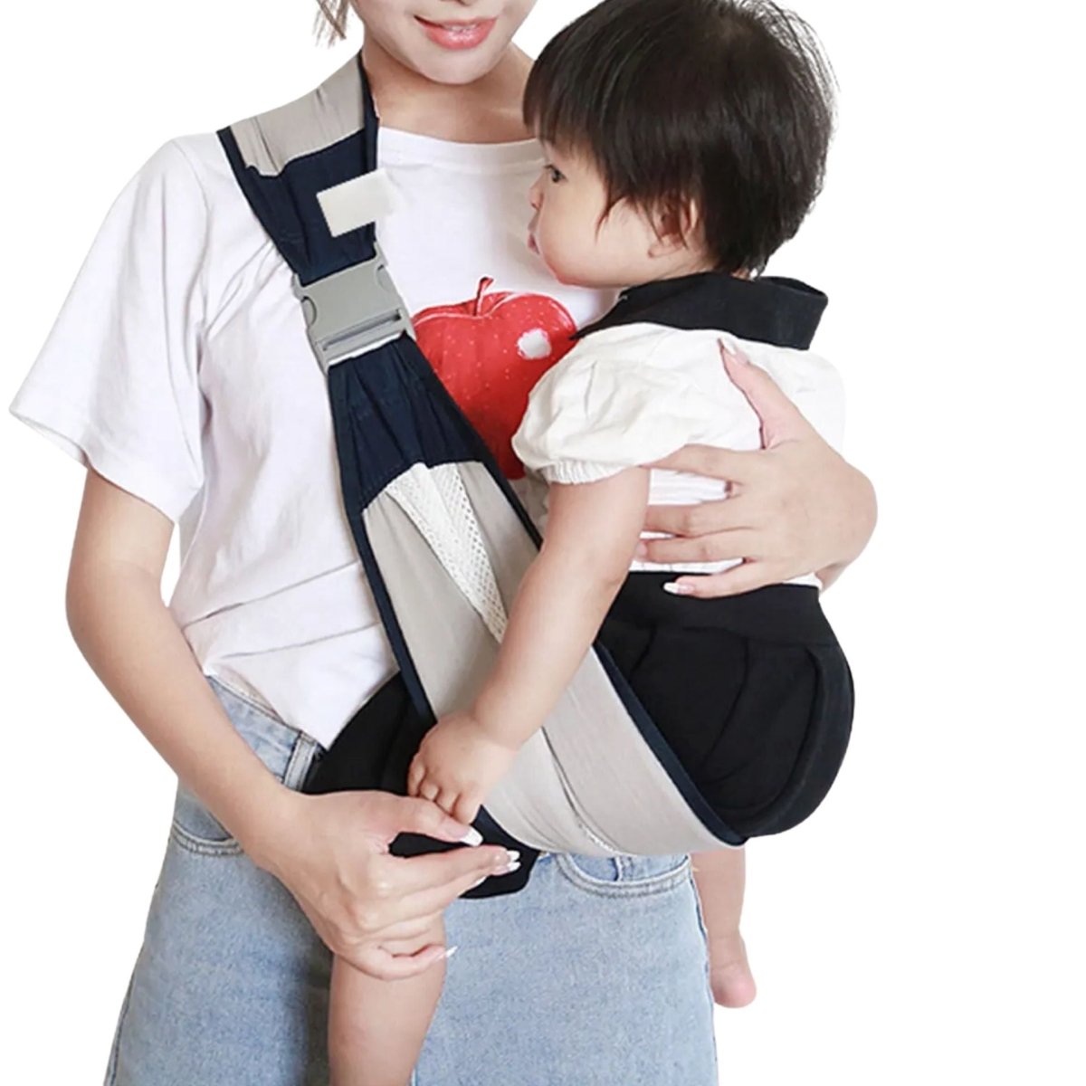Position ventrale serrée avec enfant tourné vers la maman dans une echarpe bicolore