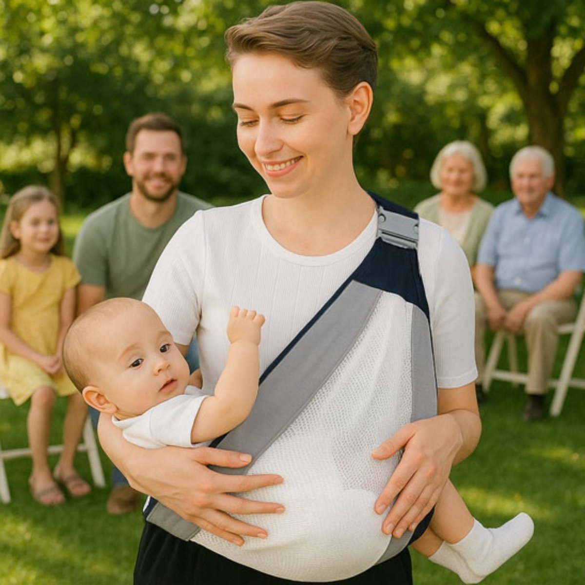 Maman debout dans un parc portant son bébé contre elle dans une echarpe grise