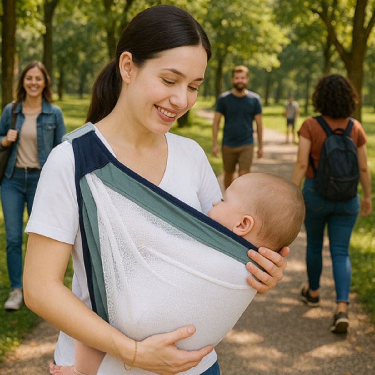 Maman en promenade portant un bébé dans une echarpe verte avec tissu mesh blanc