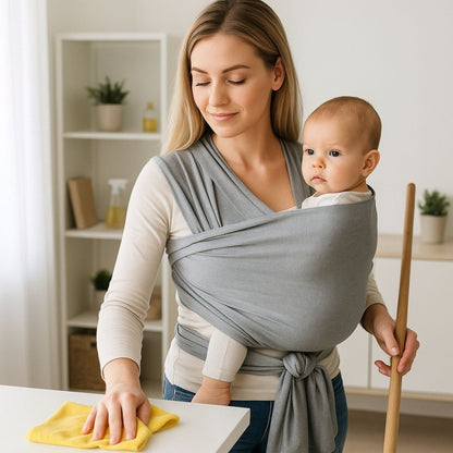 Maman passant un chiffon avec bébé installé dans une echarpe de portage gris clair