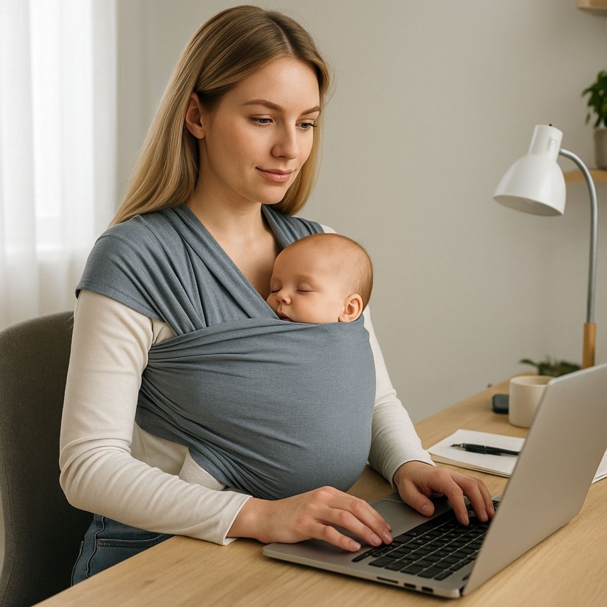 Jeune femme travaillant à l’ordinateur avec bébé endormi dans une echarpe de portage gris clair