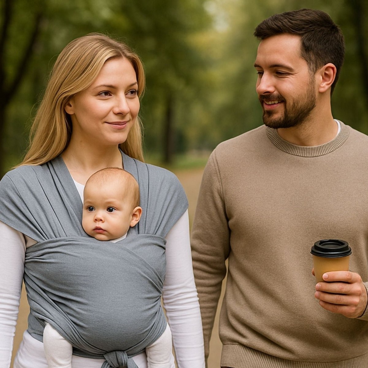 Balade en plein air avec echarpe de portage gris clair, parents souriants avec leur bébé
