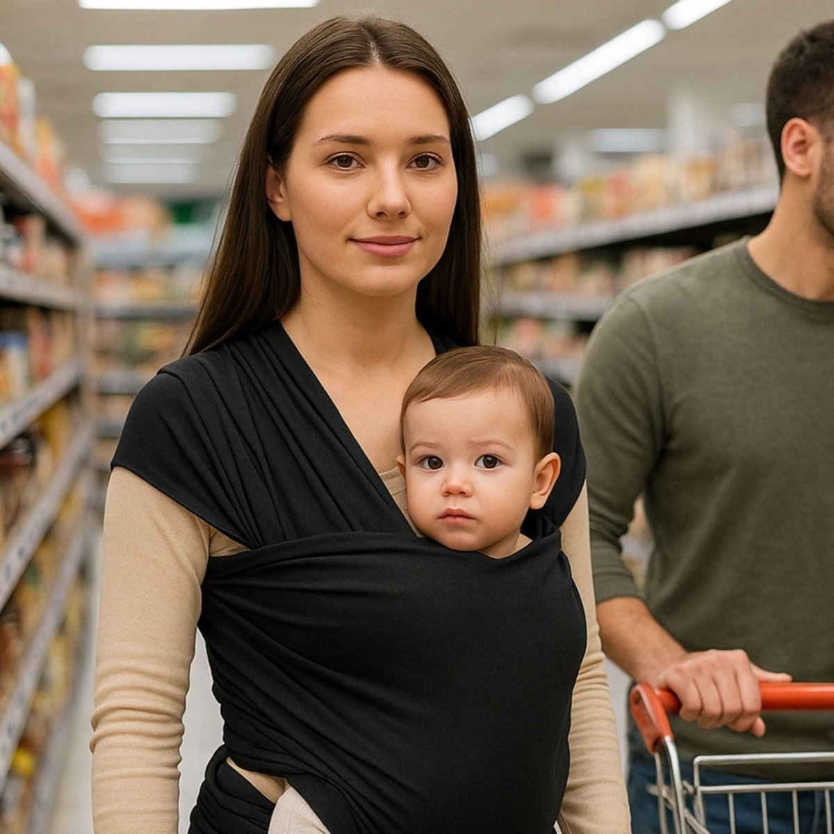 Bébé dans une echarpe de portage noire au supermarché, maman debout à côté d’un chariot de courses
