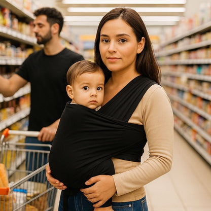 Femme dans une grande surface portant son enfant dans une echarpe de portage noire
